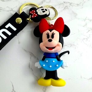 Minnie Mouse Keychain with Red and Yellow Accents on a blue wristlet strap NEW